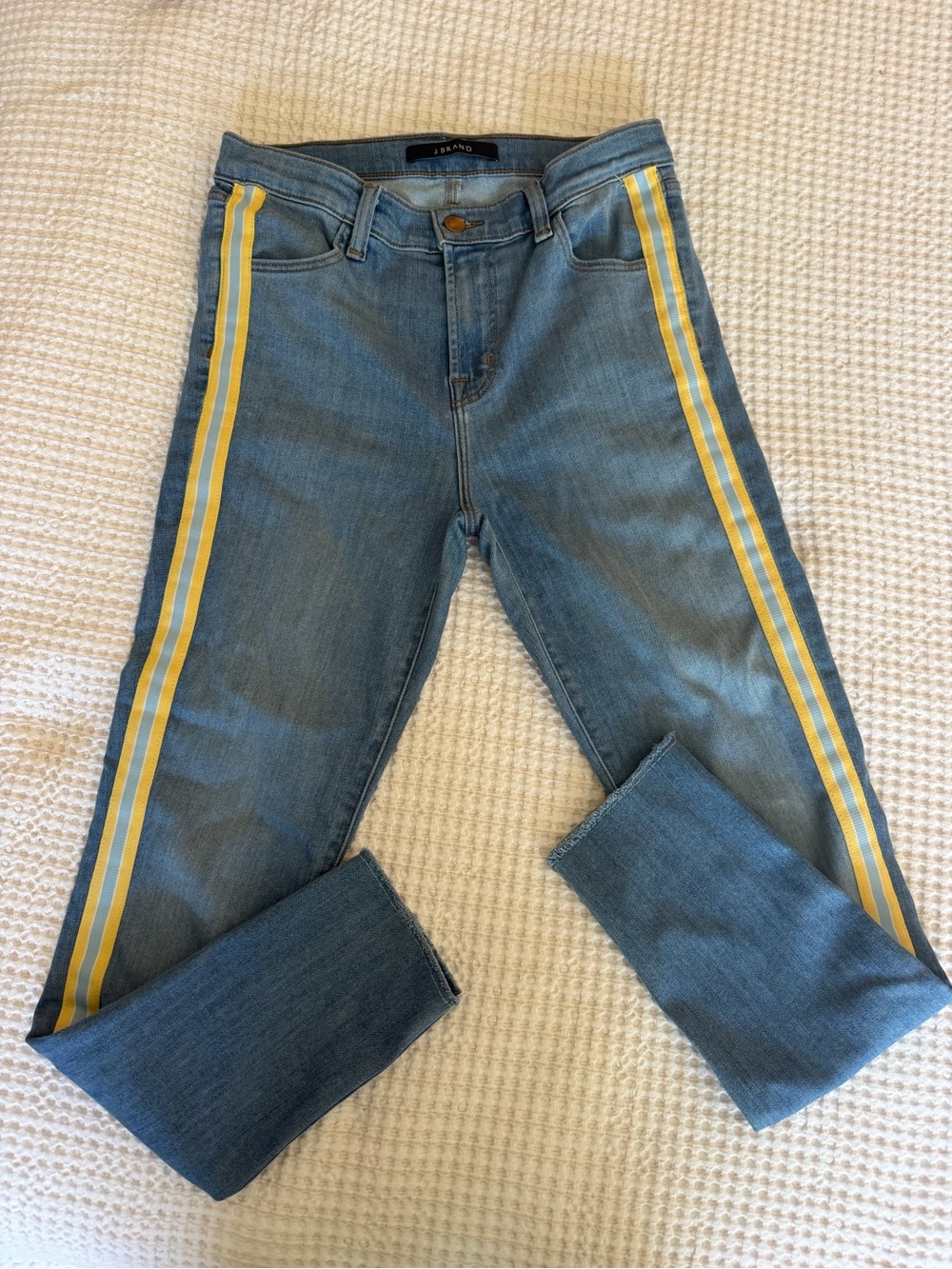 J Brand Alana Light Blue Denim Jeans with Yellow Piping